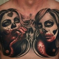 Bloody Mexican style colored woman portraits tattoo on ches