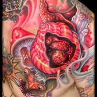 Bloody multicolored shoulder and chest tattoo of strange turtle and mushrooms