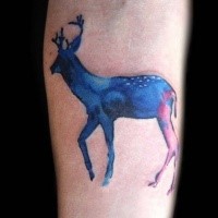 Blue colored illustrative style forearm tattoo of small deer