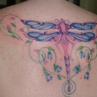 Blue dragonfly tattoo on back