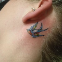 Tatuaje detrás de la oreja, golondrina tricolor pequeña