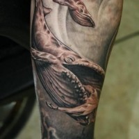 Tatuaje en el brazo de ballenas azules.