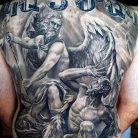 Breathtaking accurate pained angel warrior tattoo on whole back with lettering