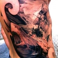 Breathtaking black and gray style side tattoo of large shark and sailing ship