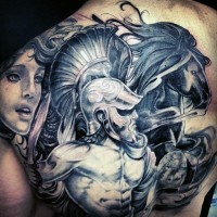 Breathtaking black and white ancient Greece God with horses tattoo on upper back