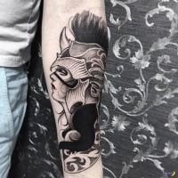 Breathtaking black ink forearm tattoo of mystical woman with helmet