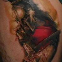 Breathtaking colored thigh tattoo of Spartan warrior with bloody spear