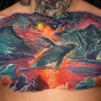 Breathtaking detailed chest tattoo of big whale with mountains and lake