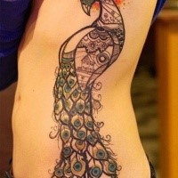 Breathtaking detailed large colored peacock side tattoo stylized with various ornaments and sun