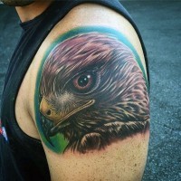 Breathtaking detailed looking colored shoulder tattoo of eagle head