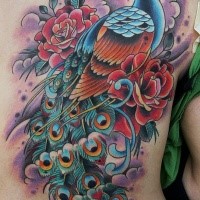 Breathtaking illustrative style colored peacock bird with rose flowers
