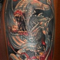 Breathtaking illustrative style colored shoulder tattoo of Alien