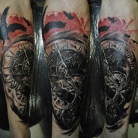 Breathtaking modern style detailed old mechanic clock tattoo on forearm with black crows