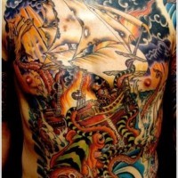 Breathtaking multicolored massive octopus attacking the ship tattoo on whole chest