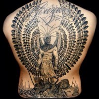 Breathtaking painted big black ink mystical warrior with wings tattoo on whole back
