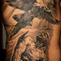 Atemberaubend gemalter schwarzer und weißer herrlicher Engel Tattoo an der Seite