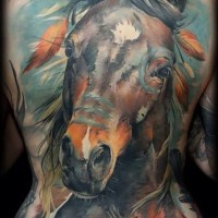 Breathtaking painted very detailed massive whole back tattoo of Indian horse