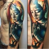 Breathtaking very beautiful colored sleeve tattoo praying boy and tree
