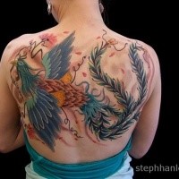 Breathtaking very detailed back tattoo of phoenix bird and lettering