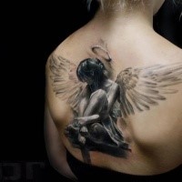 Breathtaking very detailed back tattoo of seductive angel woman