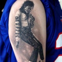 Breathtaking very detailed black and white Michael Jackson portrait tattoo on shoulder
