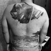Atemberaubendes sehr detailliertes schwarzes und weißes asiatisches Haus Tattoo mit dunklem Krieger