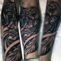Breathtaking very detailed black ink forearm tattoo of old Indian chief