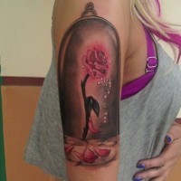 Breathtaking very detailed colored rose flower in glass bottle tattoo on shoulder