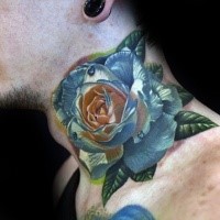 Breathtaking very detailed realism style neck tattoo of white rose with water drops