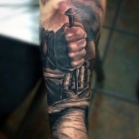 Breathtaking very detailed religious style tattoo on forearm