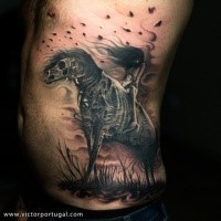 Breathtaking very detailed side tattoo of skeleton horse with creepy woman