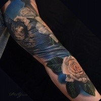 Breathtaking very detailed sleeve tattoo of ocean wave with roses
