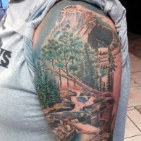 Tatuaje en el brazo, montañas con bosque cubierto de nieve