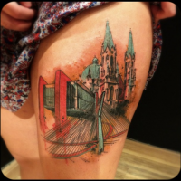 Breathtaking very detailed thigh tattoo of fantasy cathedral