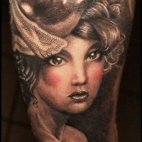 Breathtaking very detailed vintage woman with mask portrait tattoo on arm