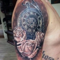 Breathtaking very realistic painted big old pocket clock shoulder tattoo with roses