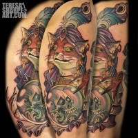Brilliant accurate painted colored fox shaped witch tattoo combined with skull in orb