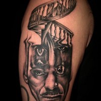 Brilliant black and white mystical portrait with stairs tattoo on shoulder
