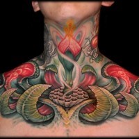 Brilliant designed multicolored chest tattoo if mysterious flower