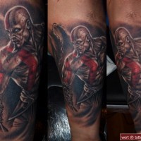 Brilliant detailed and colored forearm tattoo on bloody barbarian