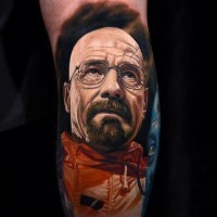 Tatuaje en la pierna,  retrato de Heisenberg volumétrico increíble