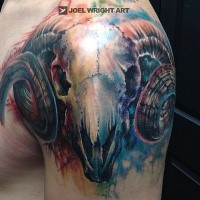 Brilliant painted and colored shoulder tattoo of goat skull