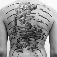 Brilliant scientific style painted black ink solar system with microscope and lettering tattoo on whole back