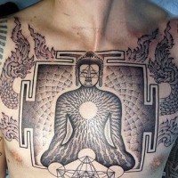 Buddha and buddhist symbolism tattoo on chest