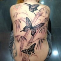 Tatuaje en la espalda, mariposas, bambú, hojas, descolorido