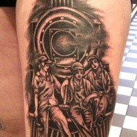 Carelessly painted detailed thigh tattoo of train with workers