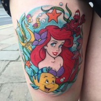 Cartoon Ariel mermaid and heroes multicolored thigh tattoo with sea bottom scene