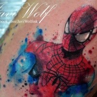 Cartoon comics hero spider man in costume colored tattoo by Javi Wolf in watercolor style