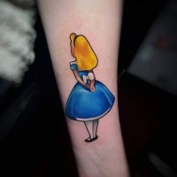 Cartoon forearm tattoo traditionally colored Alice in Wonderland