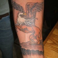 cartone animato colorato grifone tatuaggio su braccio per uomo